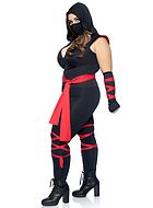 Kvinnelig ninja (også kjent som kunoichi), kostyme-jumpsuit, dyp utringning, sløyfebånd, plus size